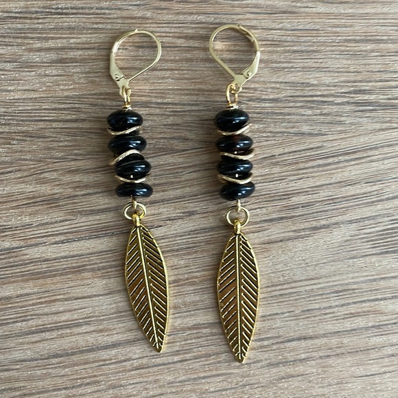 Hand Crafted Jewelry - HAND CRAFTED EARRINGS Black Agate Rondelles Gold Plated Statement Earrings